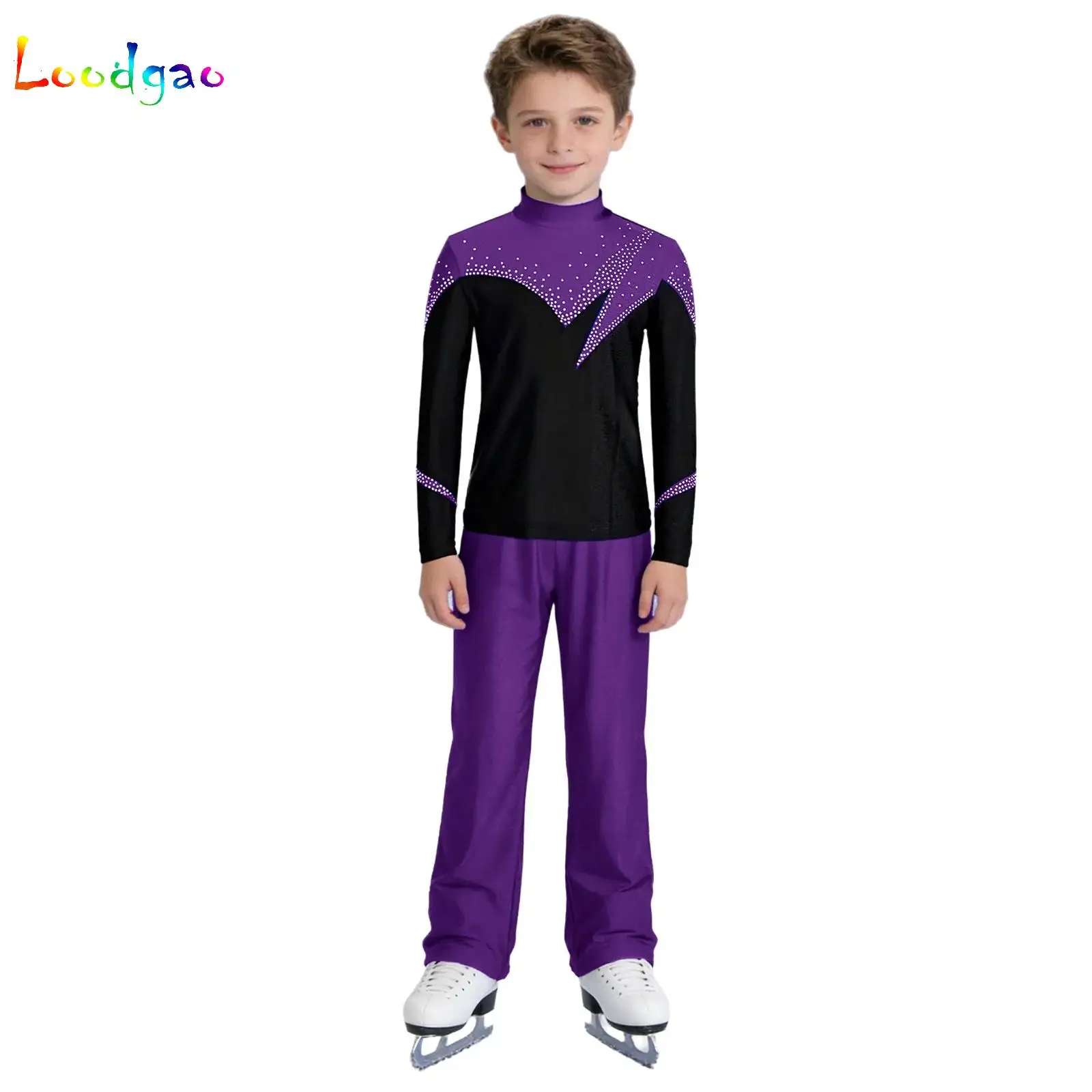 

Kids Girls Figure Skating Tops Pants Set Shiny Rhinestones Roller Ice skating Leggings for Practice Training Competition Perform