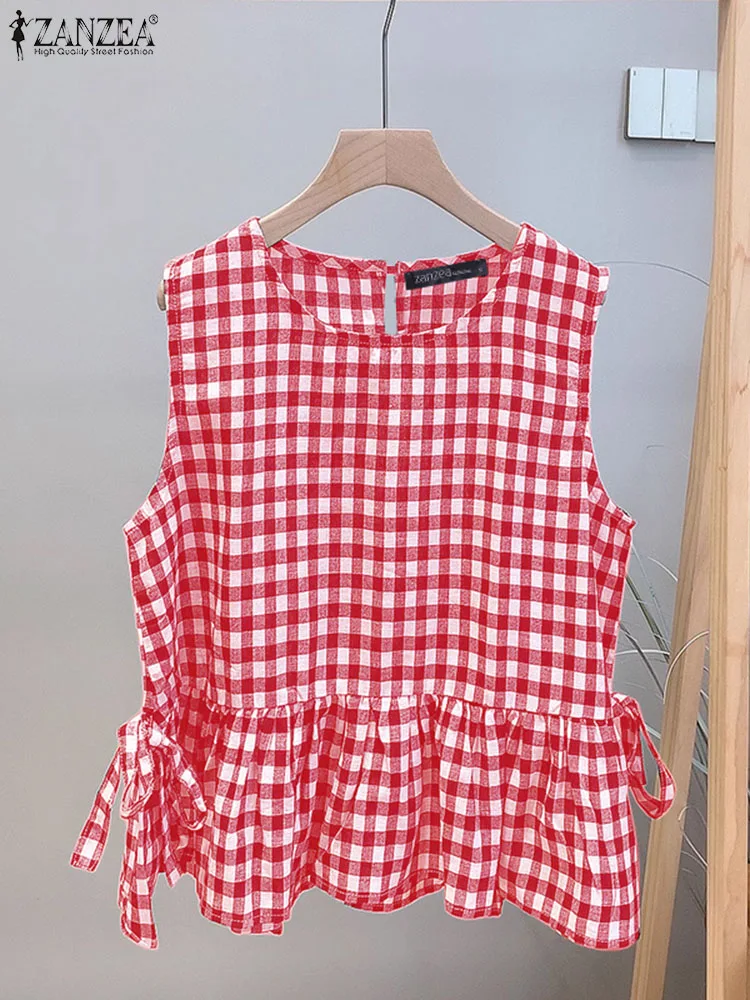 Fashion Holiday Tanks Tops ZANZEA Women Summer Sleeveless Blouse Retro Plaid Checked Camis Casual Shirt Lace Up Beach Tees Tunic