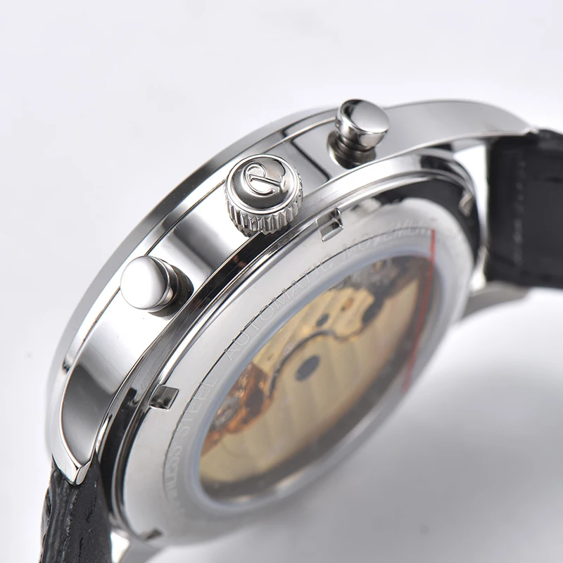 PARNIS Uomo Movimento a carica automatica 43mm Orologio meccanico da uomo Data Settimana Funzione Colore argento / Cassa color oro rosa Cinturino in pelle