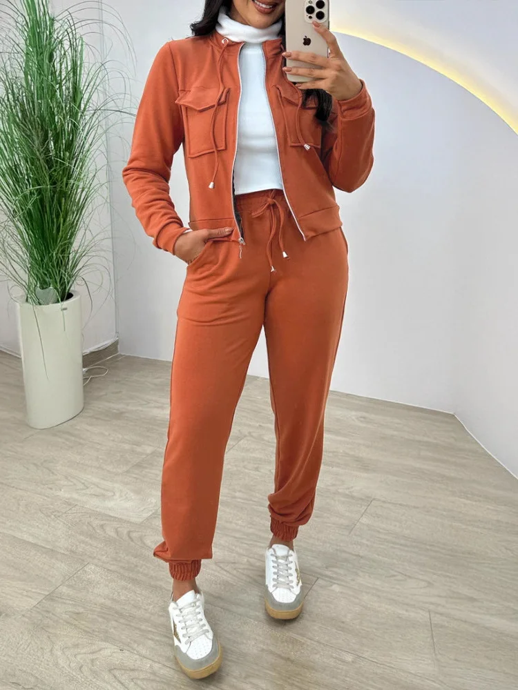 

Orange Casual Hooded ket Zipper Top Elastic Waist Belted Cuffed Long Pants Set Men's Sportswear Autumn Seven-Quarter Sve