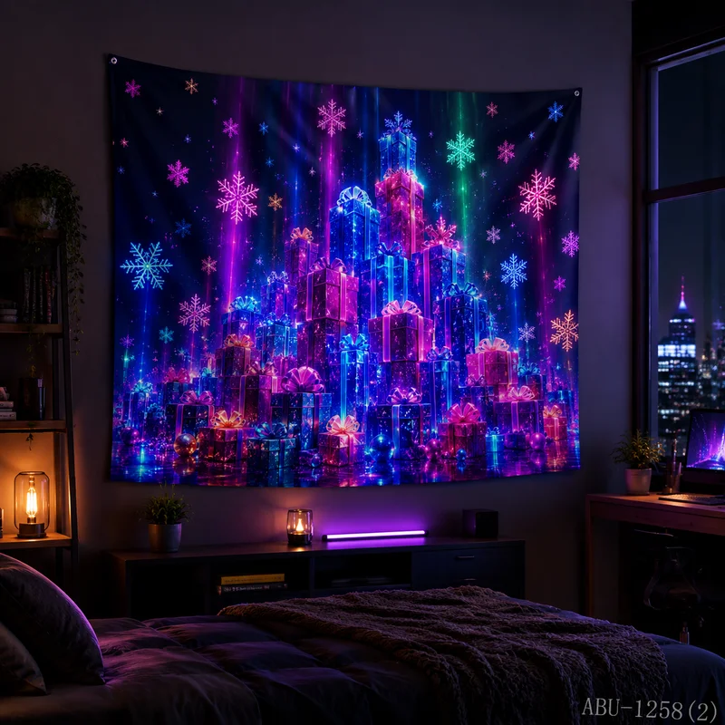 VIKAMA Colorful Vertical Light Snow Forest Stream Gift Box Christmas Tapestry HD Wall Hanging Decor for Living Room
