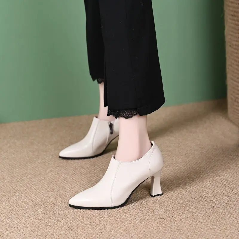 FHC Autumn New Soft Shoes,Women Pumps,Square High Heels,Side Zip,Pointed Toe,British Style,Apricot,Beige,Black,Dropship