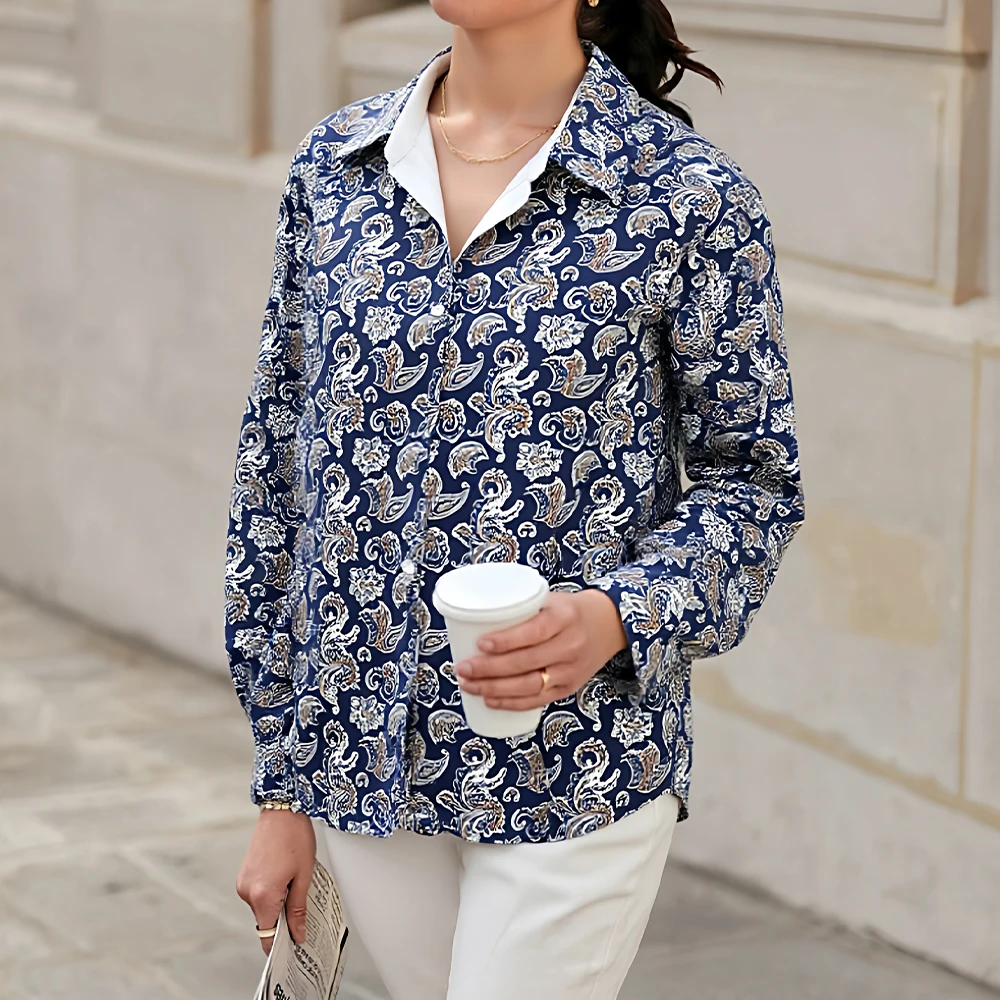 

Mia Muse Autumn Shirts 2025 Women's Casual Full Print Long Sleeve Shirt Collar Button Through Daily Basic Shirts