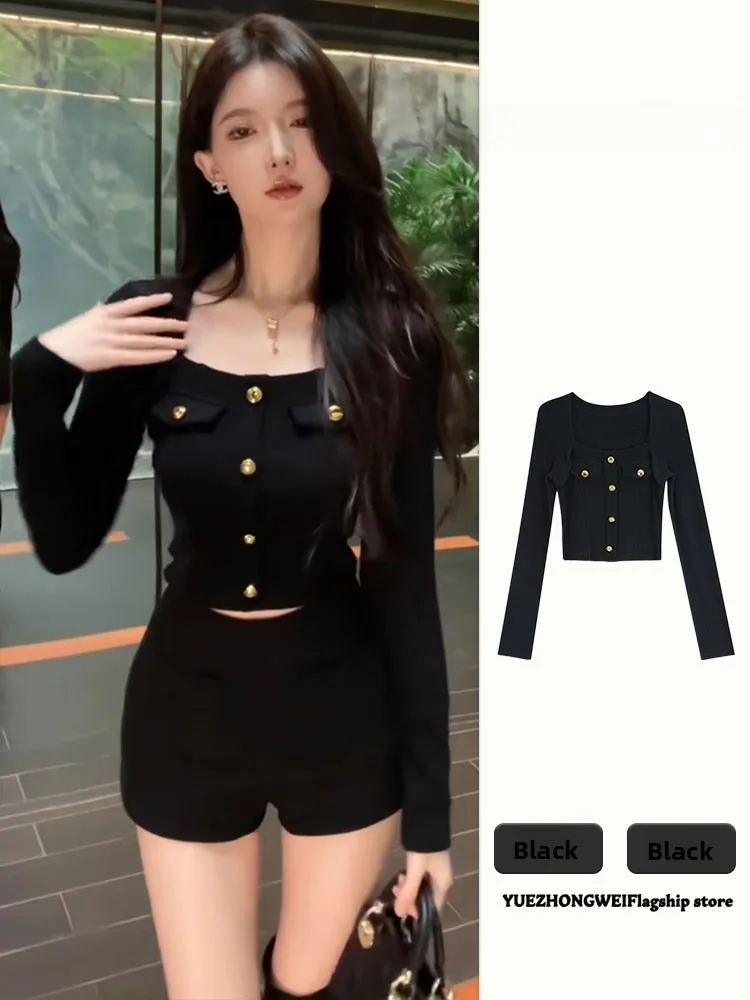 

Черный вязаный свитер с квадратным вырезом для женщин, облегающий, базовый, для ранней весны, новинка, для повседневной носки