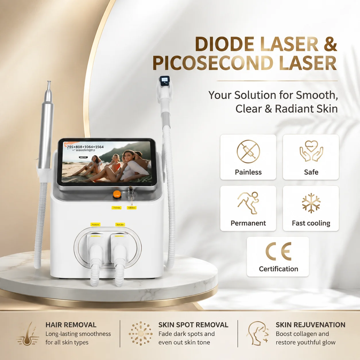 808 Diode Laser Permanent Painless Hair Removal Picosecond  Tattoo Removal Machine 7000W 16Bars 2 IN 1 Professional 4 Wave