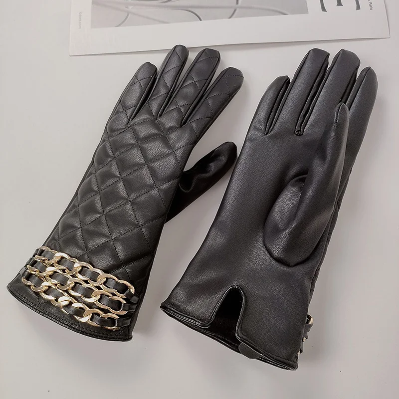 Women Black Chain Thickened Plush Inside Grid PU Artificial Leather Glove Sexy Female Nightclub Dance Punk Performance Mitten