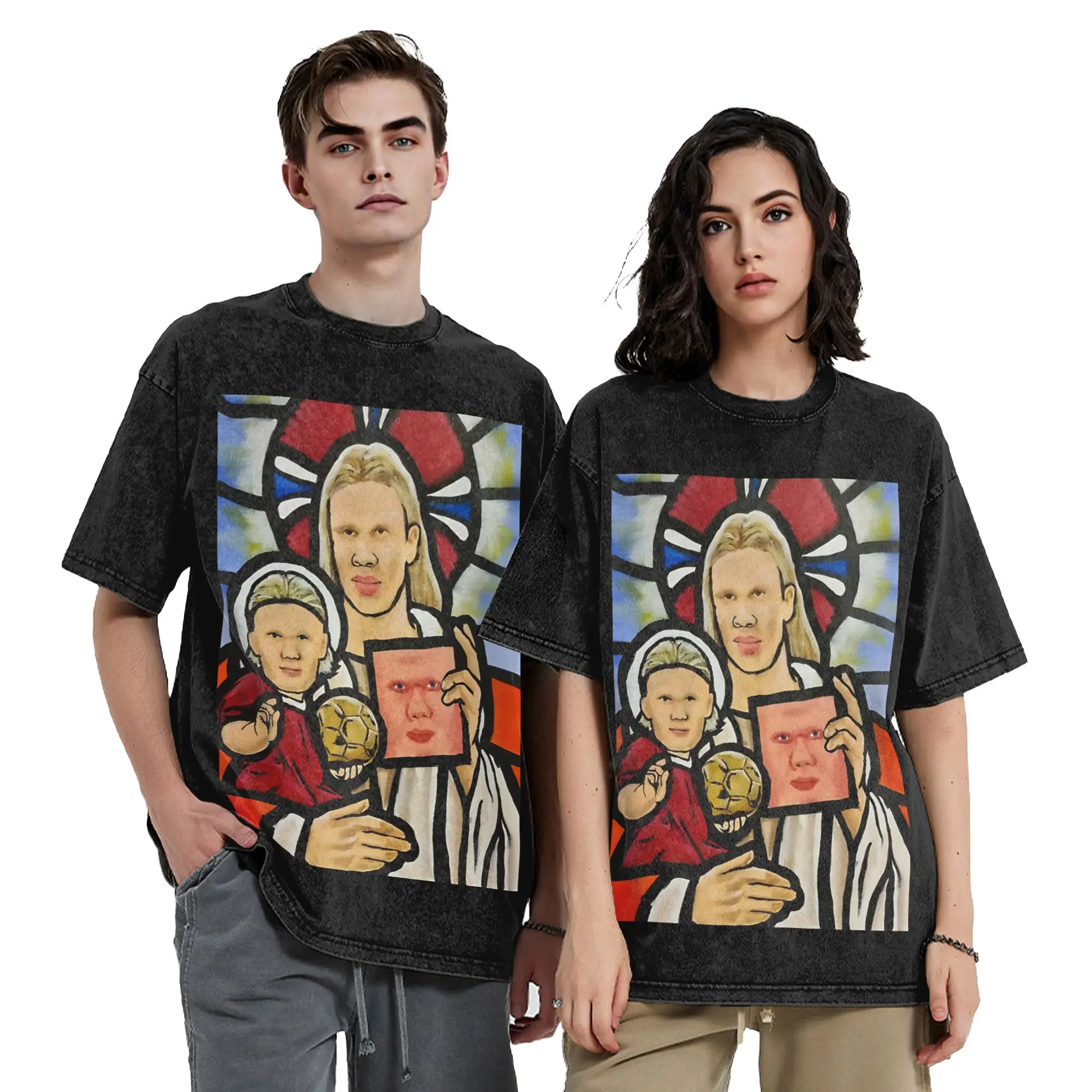 Stained Glass Window H-Haalands Mona Lisa Vintage Washed T Shirt  Pure Cotton Tops Funny Short Sleeve Round Neck Tee Shirt