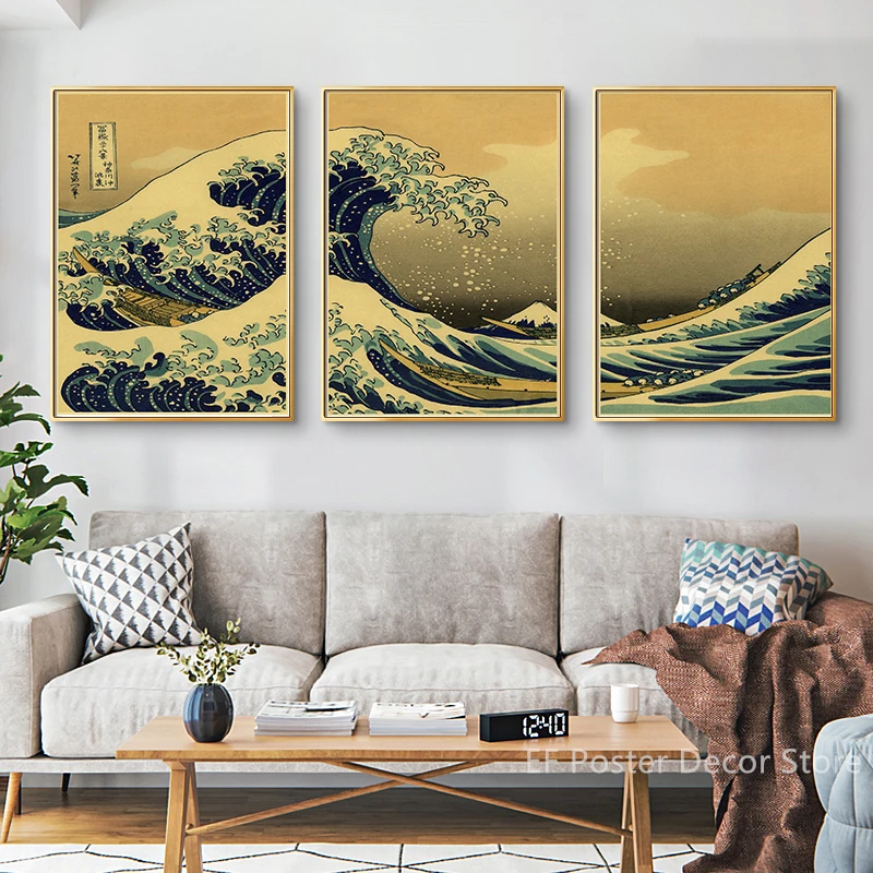 3pcs/set The Great Wave Off Kanagawa Posters Prints Retro Japanese Wave Art Printing Vintage Room Home Club Decor Wall Painting