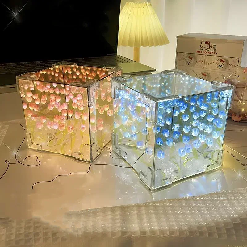 DIY Tulip Night Light Luminous Ornament Mirrors Simulation Flower Light INS Decor LED Table Lights Desktop Mirror Light Gifts