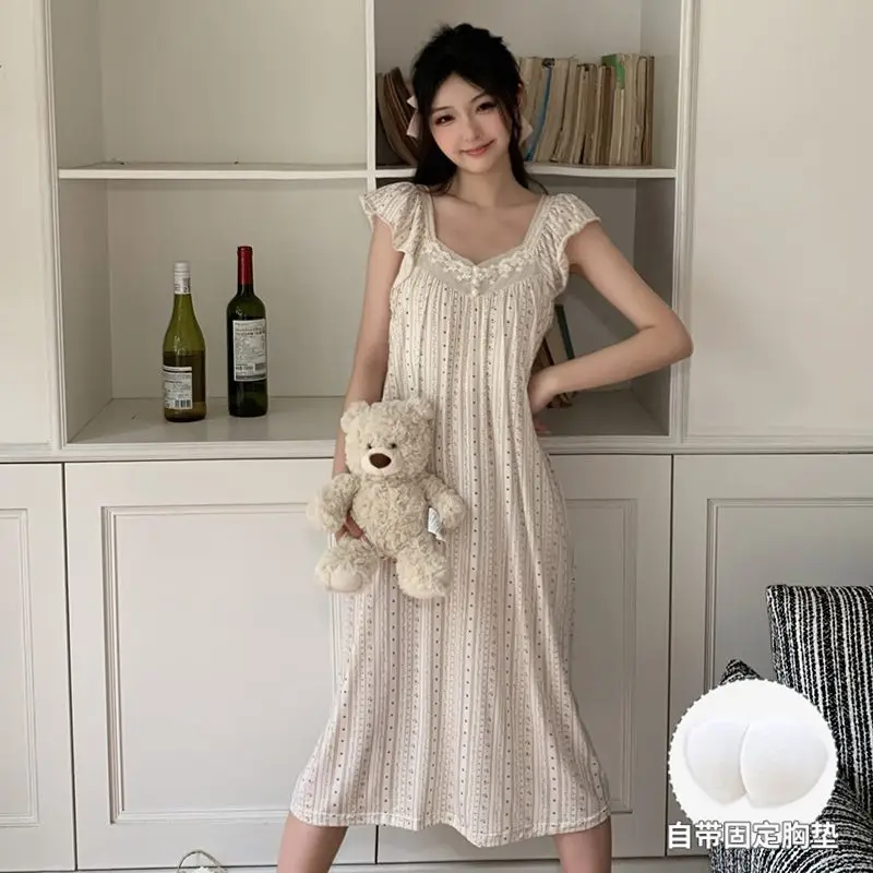 2026 Summer Short Sleeve Sexy Lace 100% Cotton Leopard Nightgowns for Women Korean Sleepwear Night Dress Nightdress Home Nighty 4