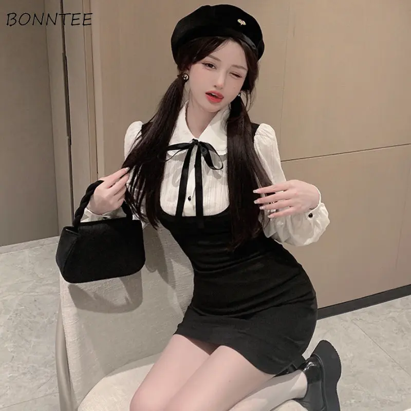 

Mini Dresses Women Black Fake Two Piece Bandage Schoolgirl Designer Aesthetics Elegant Vestidos Korean Fashion Clothes Hotsweet