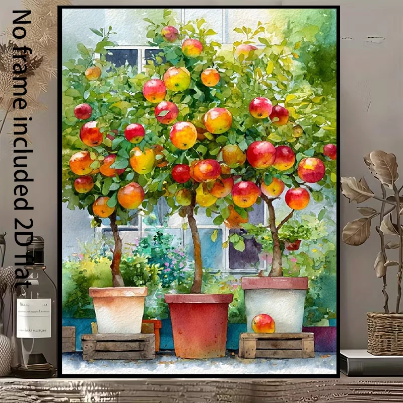 2D Flat, 1pc Vertical Watercolor Apple Tree Canvas Painting - Frameless Suitable for Home Decor, Vibrant Spring Summer Fruit