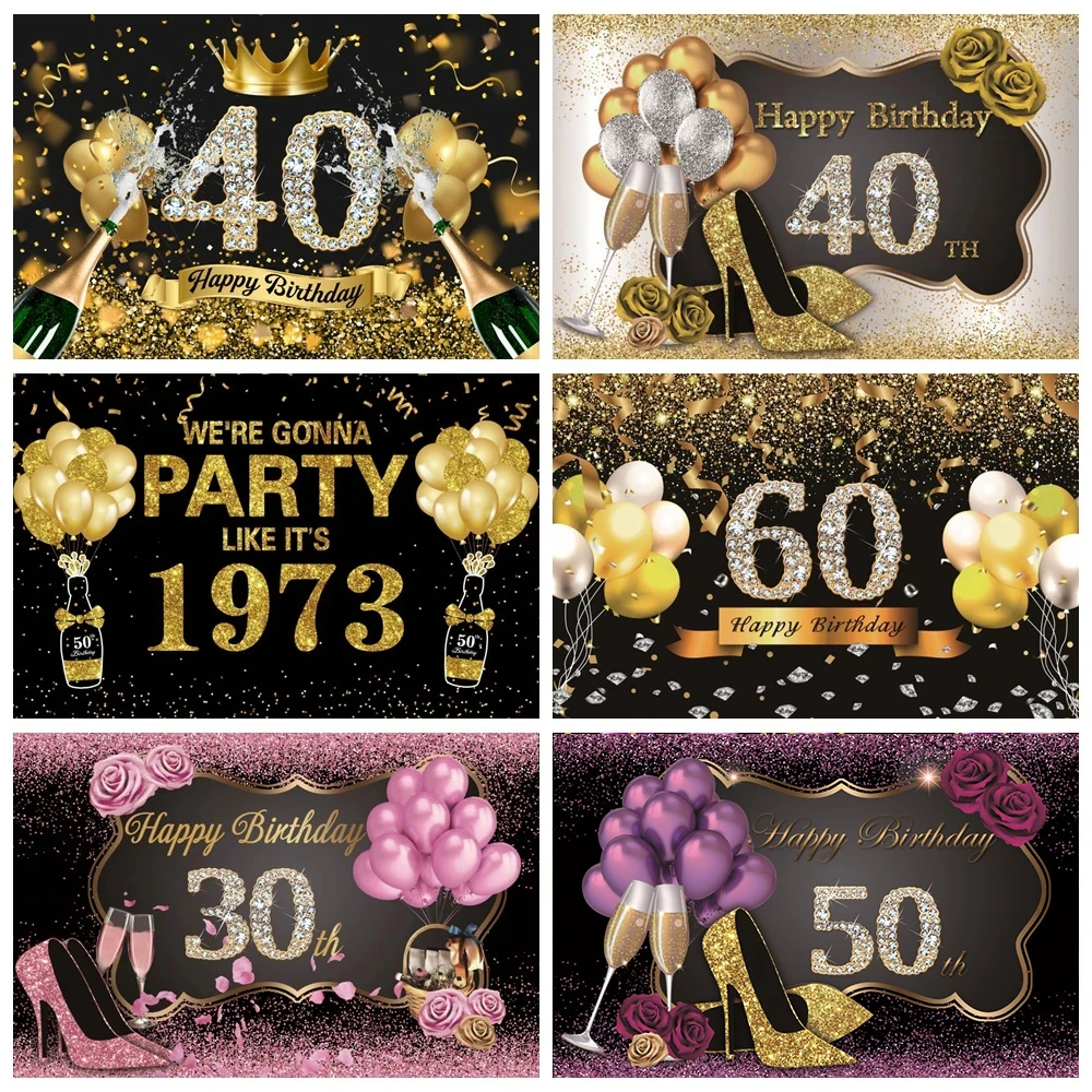 

Balloons Adult Birthday Backdrop Happy Fabulous Women's 50th 30 40 60 Birthday Party Photographic Background Photocall Props