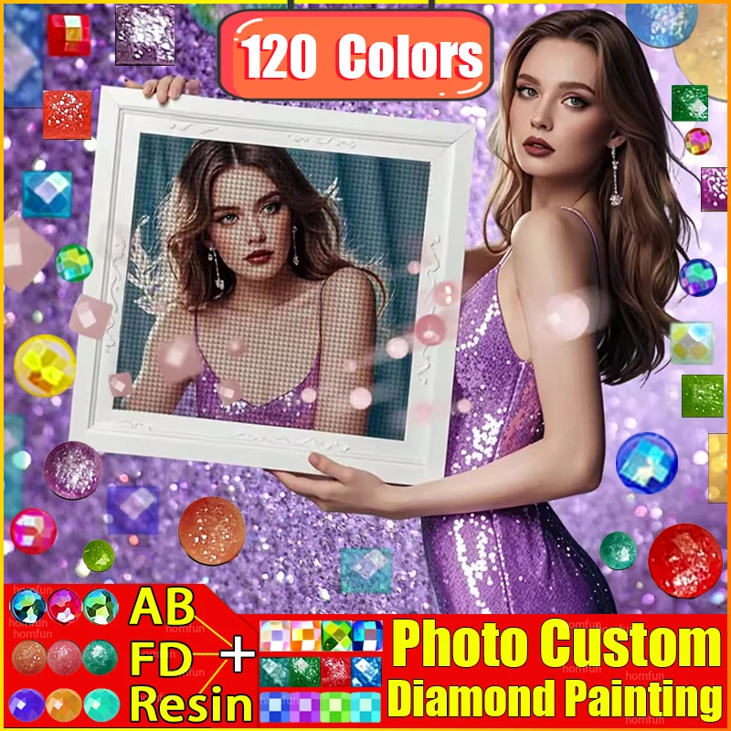 HOMFUN 120 Farben Harz + Feenstaub + AB-Bohrer Foto Benutzerdefinierte 5D-Diamantgemälde Kreuzstich voller Strass DIY Stickerei Dekor