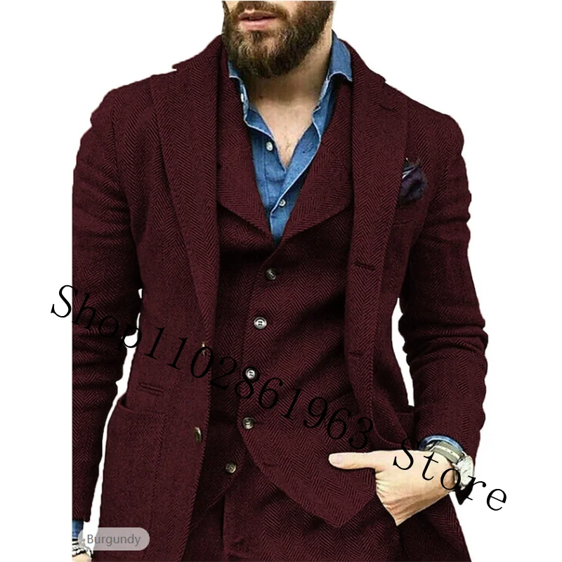 Erkek takım elbise 3 parça siyah yün balıksırtı takım elbise resmi iş Groomsmen tüvit düğün smokin Blazer + pantolon + yelek kostüm Homme