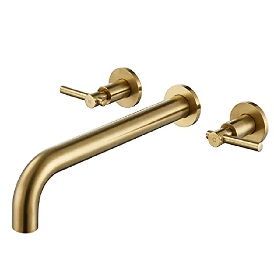 

Wall Mount Tub Filler in Brushed Gold Brass for Bathroom Bathtub, Dual-Handle Design with Corrosion-Resistant Finish