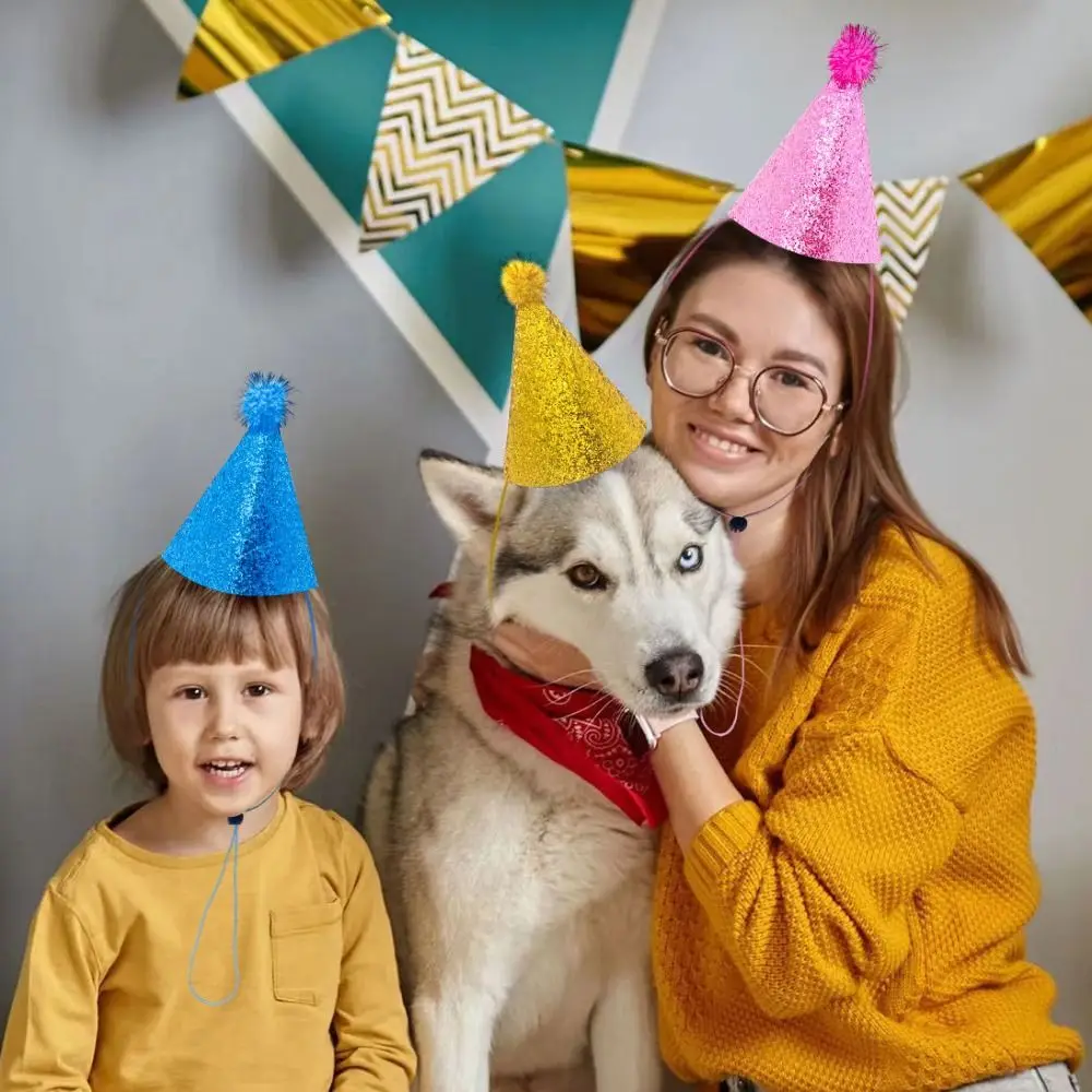 

Pets Accessories Decorative Pet Birthday Hat Adjustable Foldable Cat Headgear with Ball Dog Sparkling Hat for Birthday