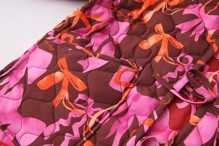 على الوجهين سترة مبطنة بالقطن ربطة القوس فيونكة الدانتيل يصل معاطف عادية الأزهار المطبوعة مبطن السترات النساء الخريف الشتاء معطف دافئ #4