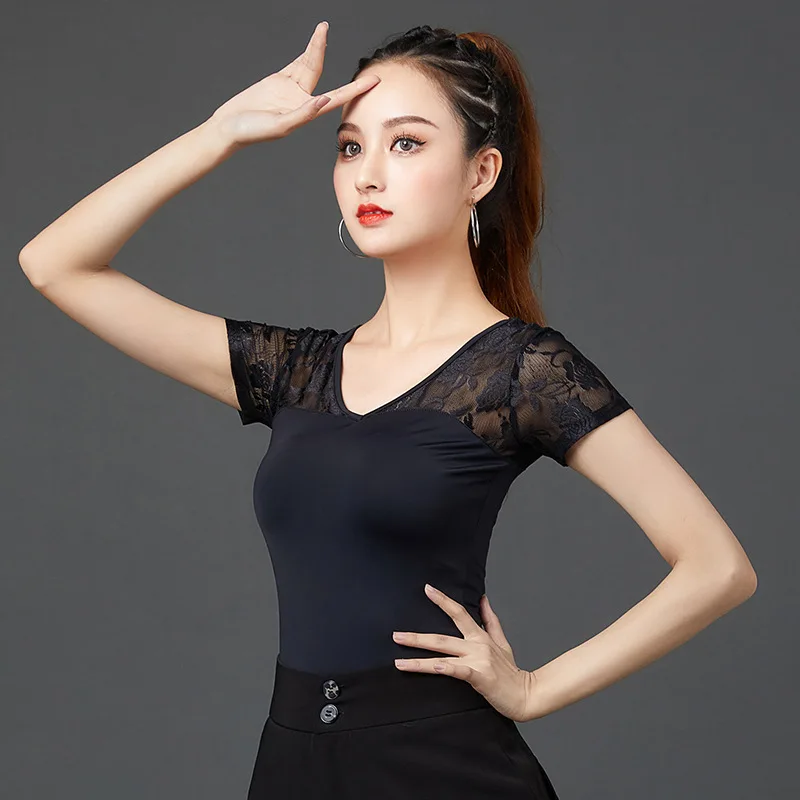 New Black Mesh Tops Latin Women Dance Practice Clothes Ballroom Dance Professional Modern Dance National Standard Training Shirt