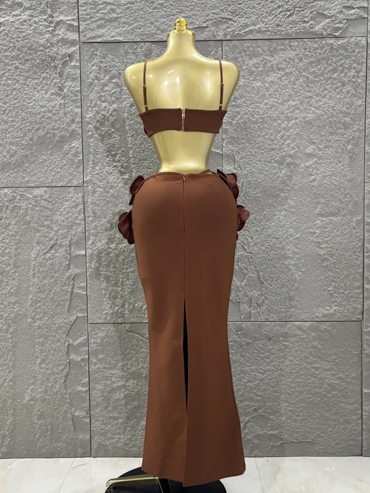 Hot Sale Women Sexy Strap Florlas 2 Pieces Bodycon Long Bandage Dress Nightclub Party Bar Singer Celebrate Birthday Outfit