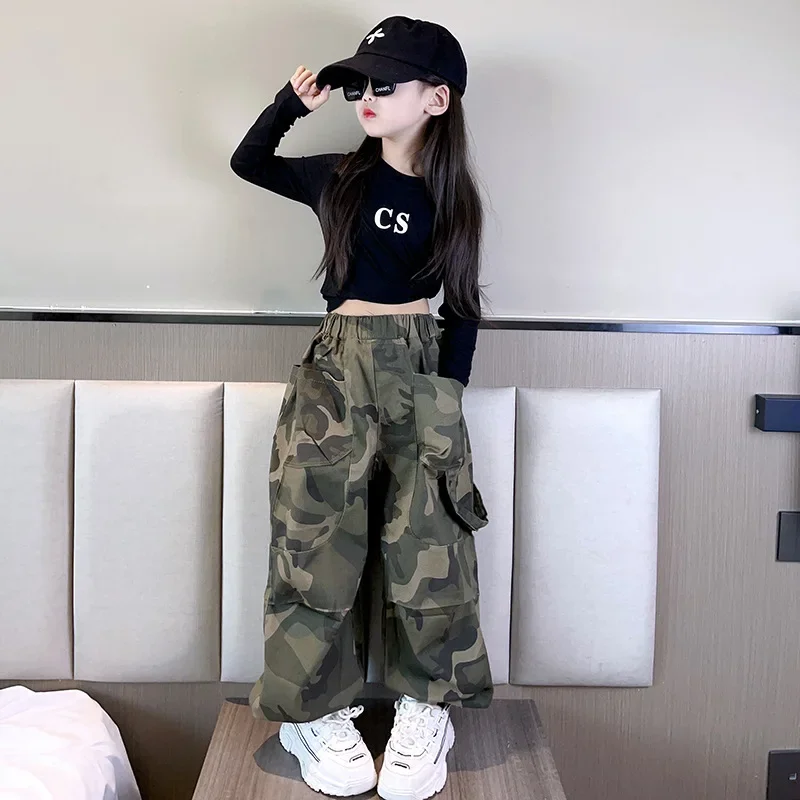 gril Pants Children\'s Sports Fashion Camouflage Overalls Elastic Waist Large Pocket grils Street Casual Pants