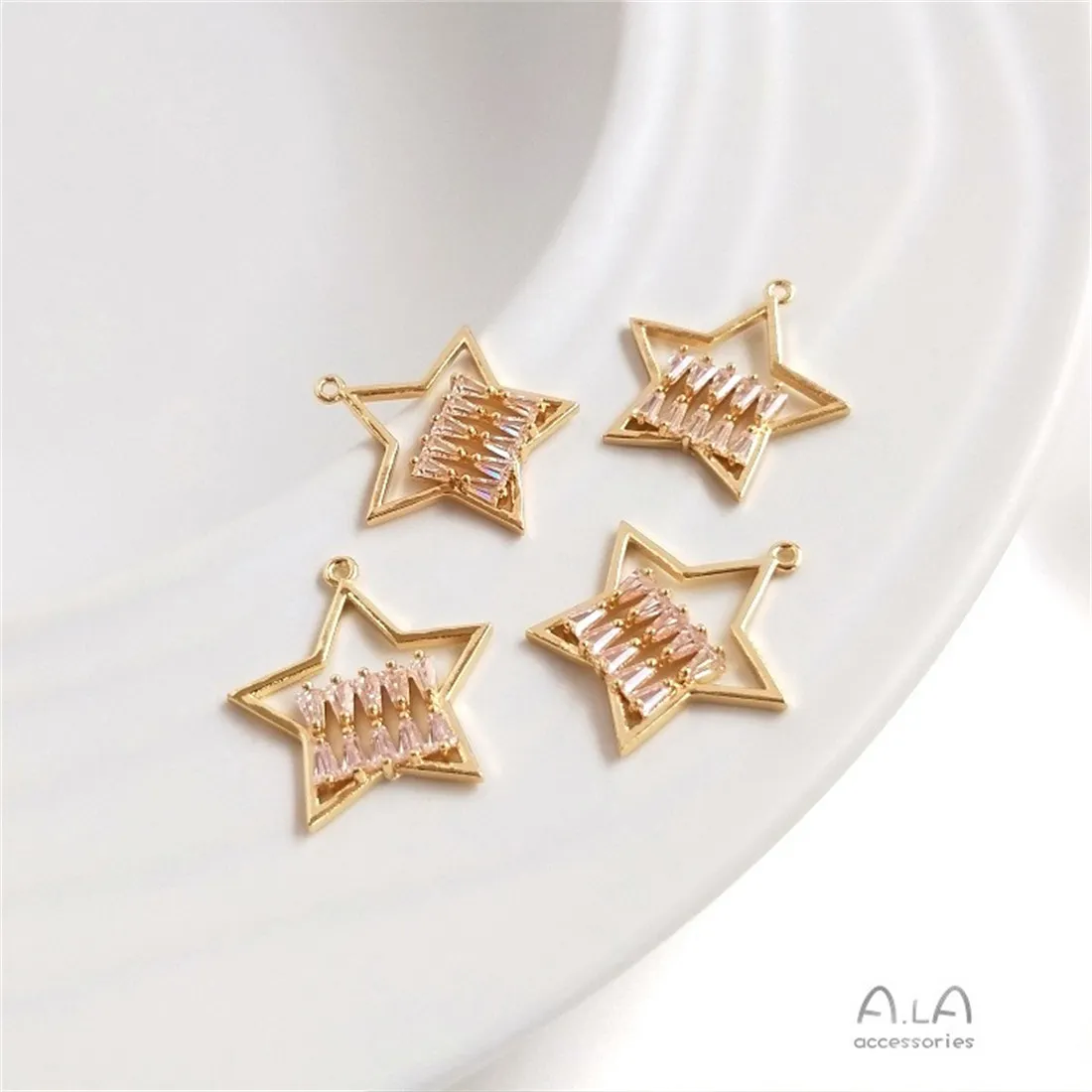 

14K Gold Inlaid Zircon Pentagonal Star Pendant with Heart Shaped Earrings, DIY Necklace Headgear Accessories D068