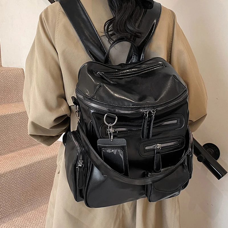 

Multi Purpose Backpack Men And Women Fashion Exquisite Schoolbag PU Leather Leisure Commuting College Students Class School Bag