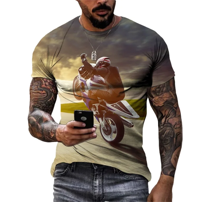 Sports Style Motorcycle Race T-Shirts For Men 3D Print Hip Hop Personality Round Neck Tee Tops Leisure Short Sleeve Mens Shirts