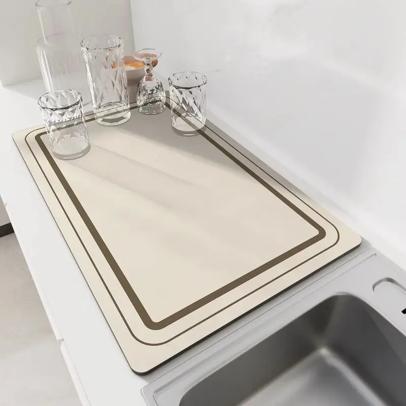 VIKAMA Cream Beige Double Line Border Diatom Mat Minimalist Frame Absorbent Non Slip Kitchen Sink Counter Drying Rug Pad
