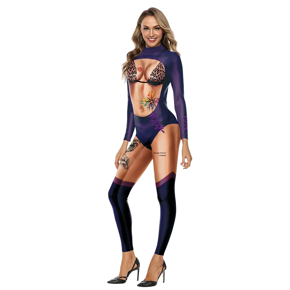 Sexy lila Set Muster Overall Frauen Halloween Party Bodysuit 3d Leoparden muster Cosplay Kostüm Karneval Catsuit Erwachsenen Zentai