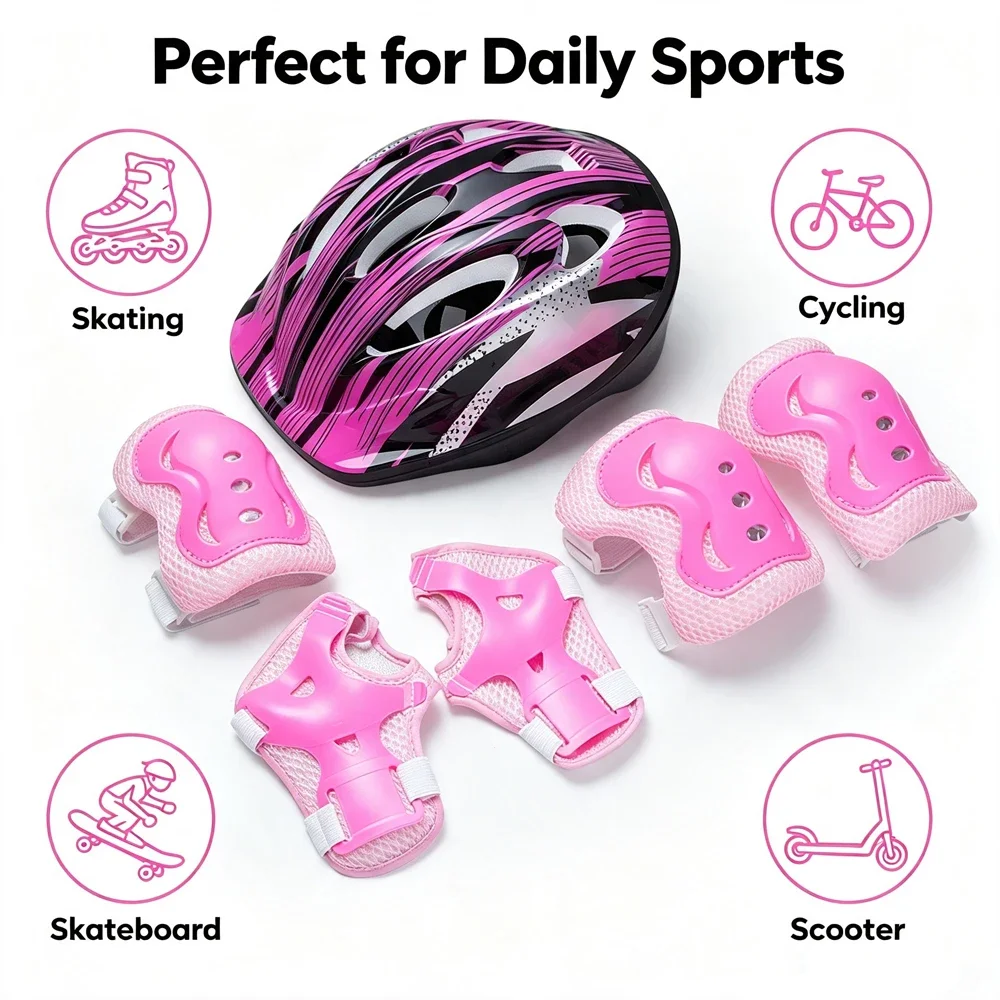 7-Piece Kids Bike Helmet Set with Knee, Elbow & Wrist Pads,Adjustable for Boys & Girls Ages 3-15, for Cycling, Scooter & Skating