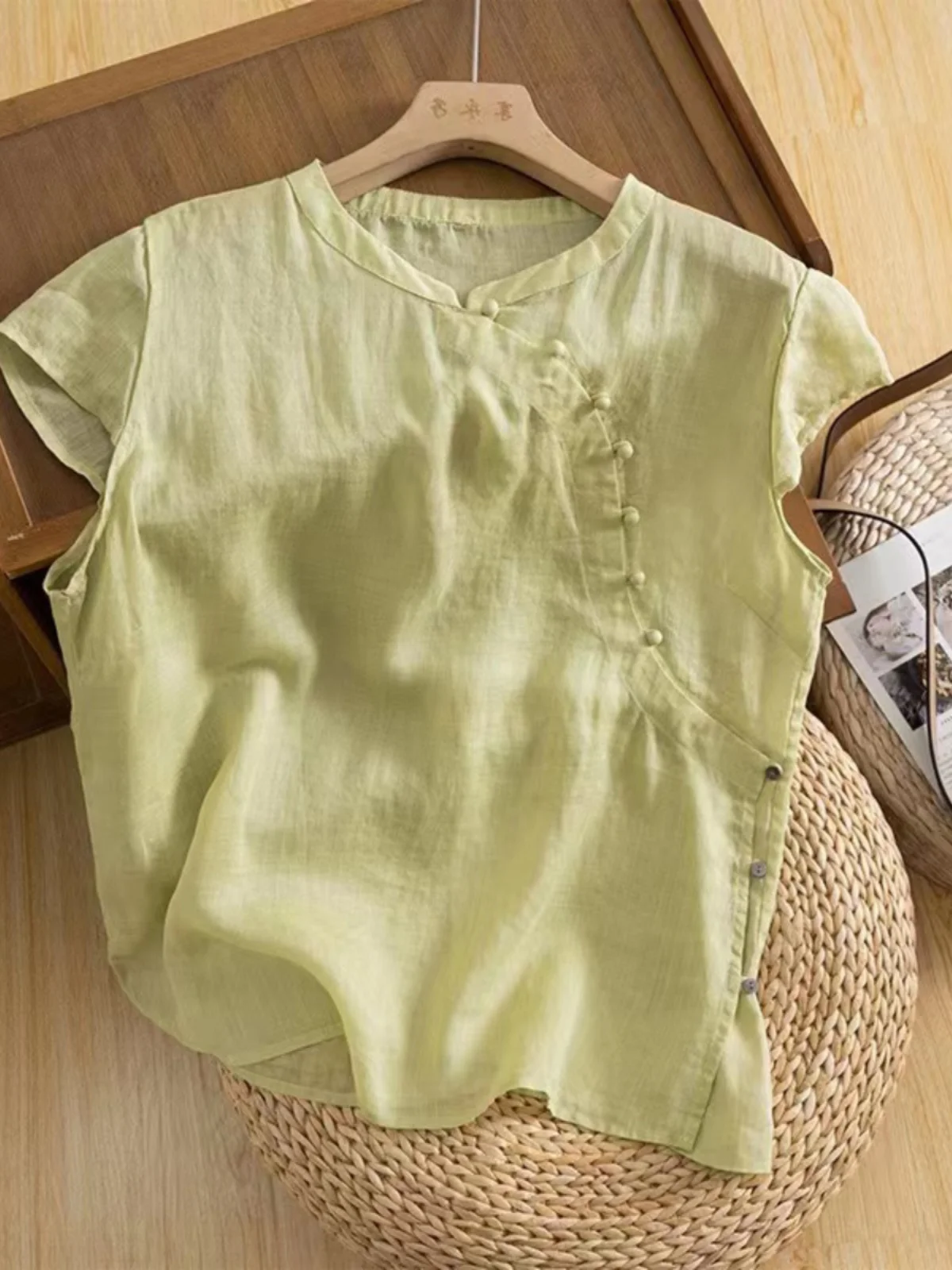 

Cotton Linen Women's irt Vintage Sle ort Sve Loose Fit round Ne Button Detail Pure Color Commute Faion