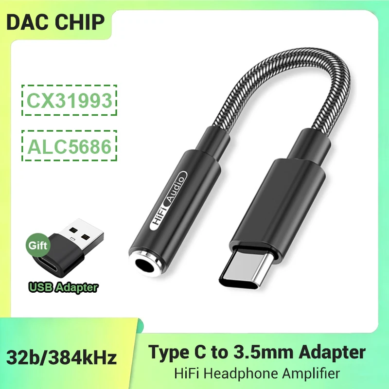 CX31993/ALC5686 DAC HiFi Headphone Amplifier USB-C to 3.5mm Adapter 32b/384kHz Audio Decoder For Phone Pad Converter