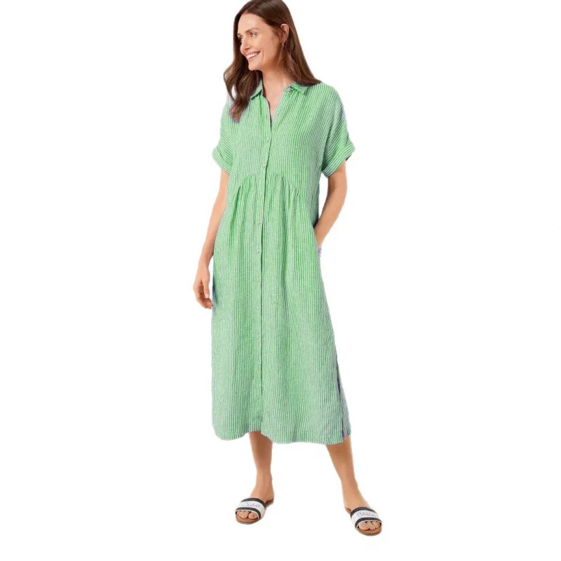 Abito camicia a righe da donna taglie forti - Abito midi in misto lino a maniche corte vestibilità ampia per l'estate