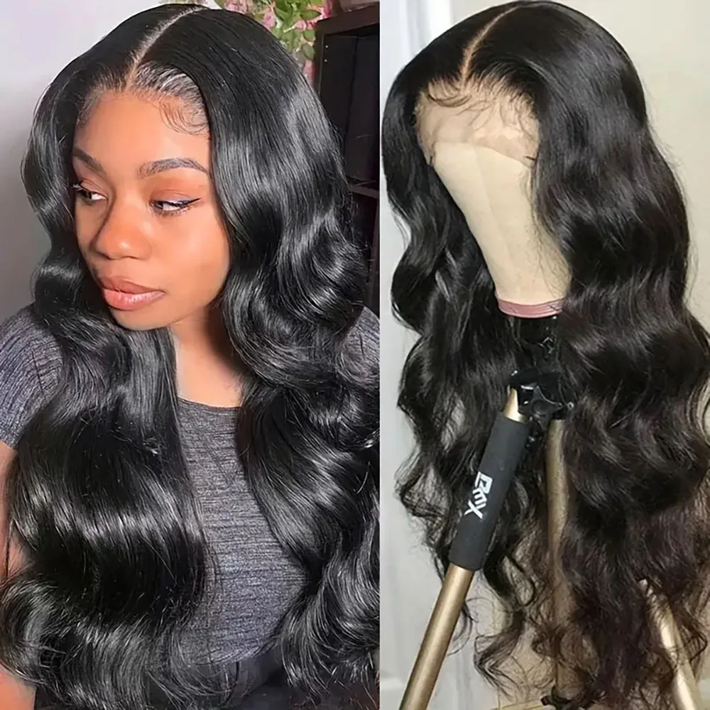 34 Inch Body Wave Lace Front Wigs 13x6 Transparent Lace Frontal Wigs For Women Pre Plucked 200% Density Natural Black Color