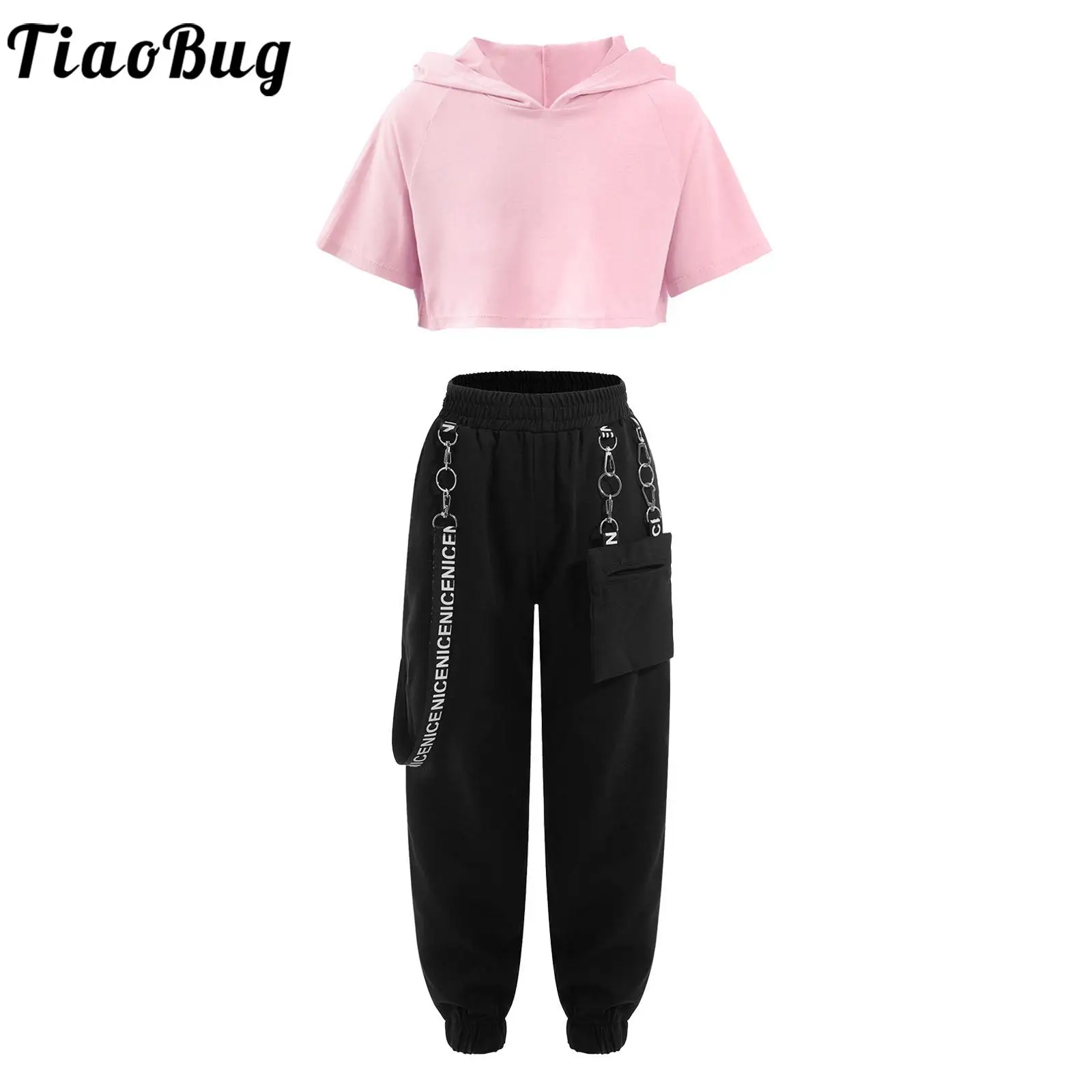 2PCS Kids Girls Jazz Hip-hop Dance Outfit Short Sleeve Hooded Crop Top with Metal Chain Pocket Pants Sweatpants Skateboarding