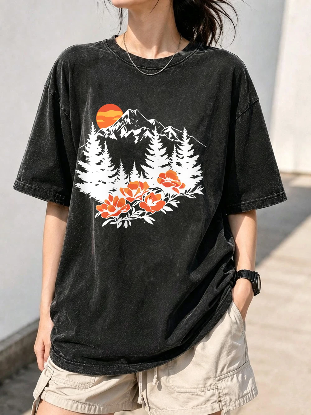 Mountain Sunset Forest Tree Printed Washed T-Shirt Womens Oversized Cotton Tops Street Distressed O-Neck T Shirt Summer Clothes