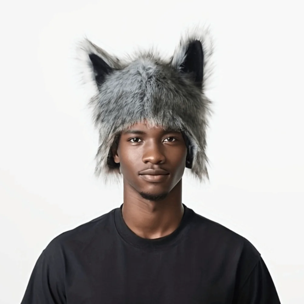 Grey Wolf Paw Cosplay Set Fluffy Texture Animal Werewolf Paw Mitten Faux Fur Hairy Wolf Hat with Ears Stage Performance