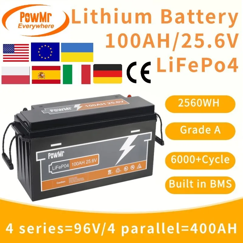 LiFePO4 25.6V 100Ah Lithium Battery 6000+ Cycles Built-in BMS Lithium Battery Pack Max 4 Parallel 4 Series Grade A Full Capacity