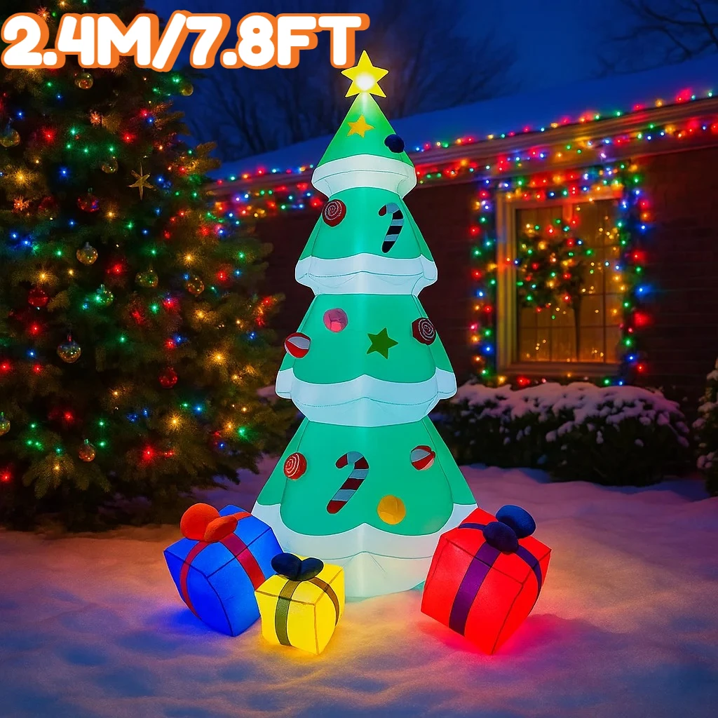 2.4M/7.8FT Inflatable Christmas Tree Gift Boxes Outdoor Lights LED Home Holiday Lighting Decorations Yard Xmas Decor Supplies