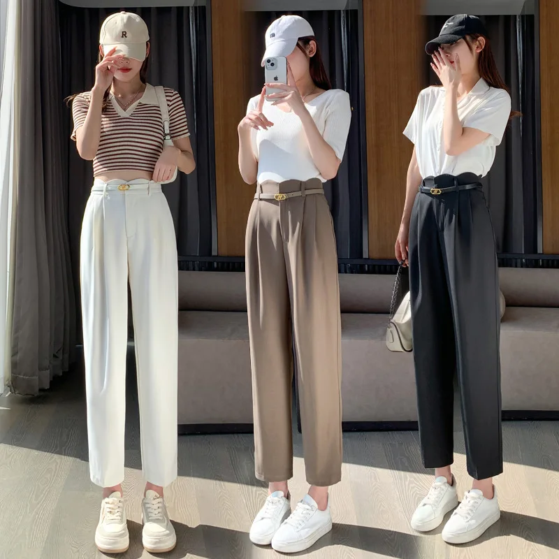 Real Shot Video Three Standard Niche High Waist Commuter Cropped Pants Women's Simple Casual Solid Color Straight-Leg Pants Ciga