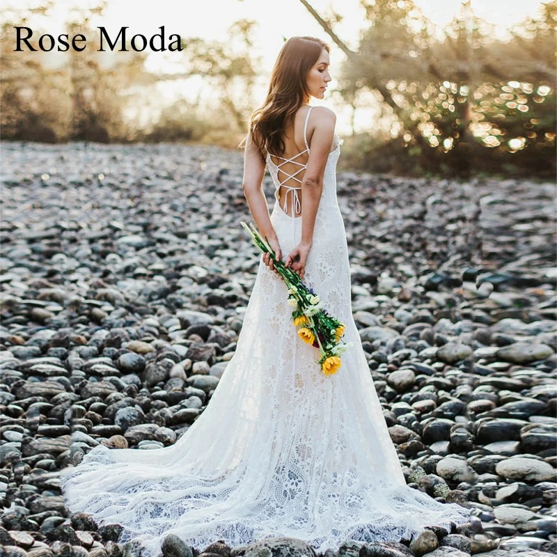 Rose Moda Sleeveless Lace Boho Wedding Dress with Criss Cross Back Bohemian Bridal Gown Custom Make