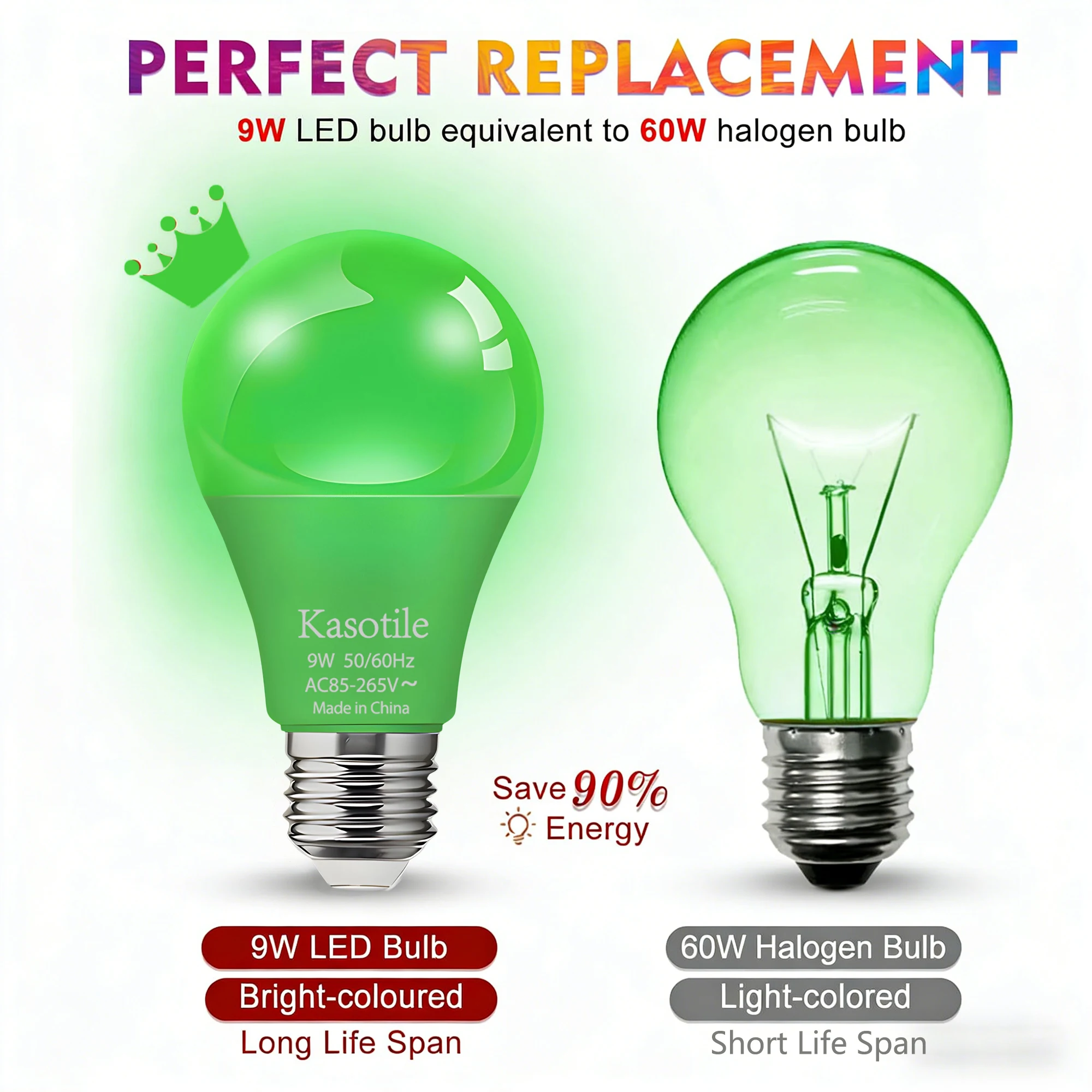 Kasotile 2Pack E26 LED Green Bulb 9W Energy Saving Light for Home Party Courtyard Stage Decoration