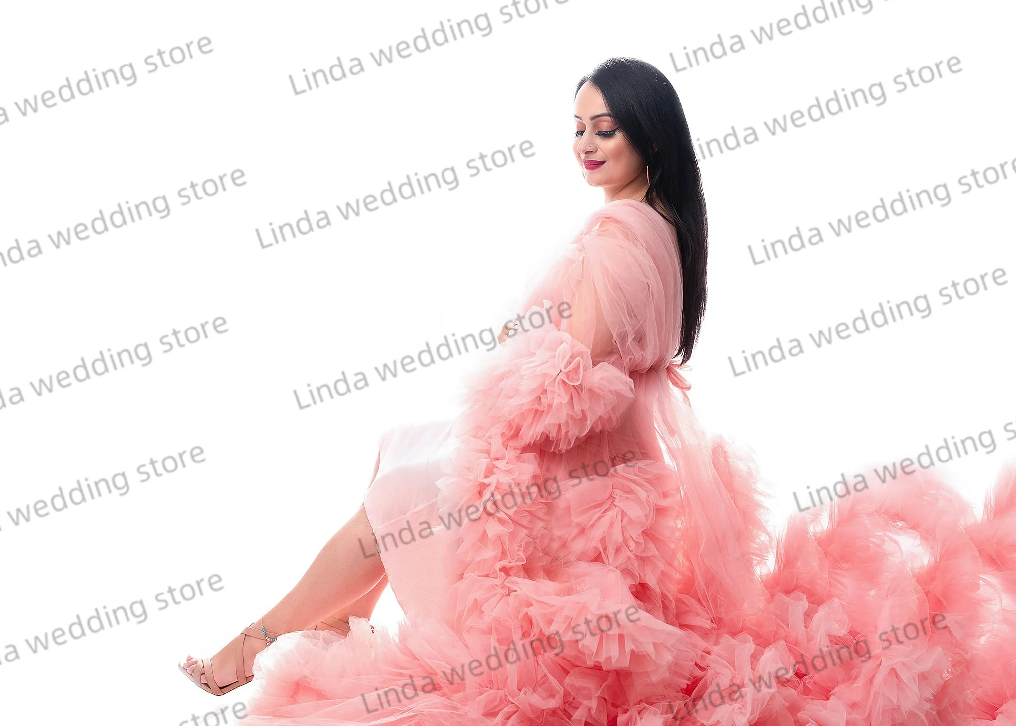 Illusion Pink Prom Dresses Sexy V Neck  Long Sleeves Pregant Gowns For Woman Ruffles Maternity Photography Props Dresses