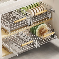 Kitchen Pull-out Dish Rack Stainless Steel Drawer Drying Rack Sliding Bowls Dishes Drainer Storage Rack Sink Cabinet Organizer