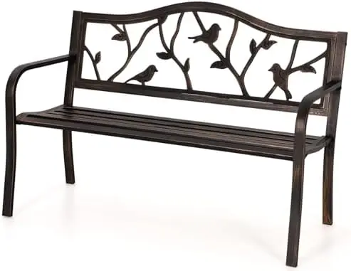 50 Inches Outdoor Garden Bench Cast Iron Metal Bird Pattern Bronze | E-Coating Anti-Rust Finish, Weatherproof Outdoor