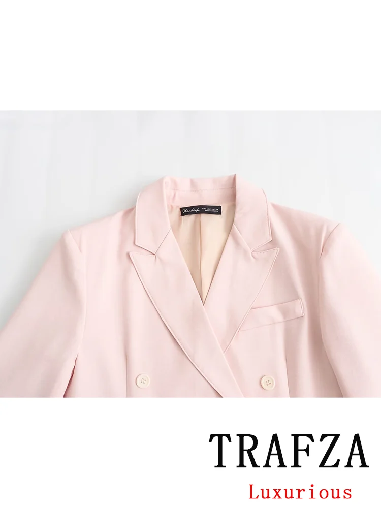 TRAFZA Vintage Chic Solid Women Suit Double Breasted Pockets Blazer Straight Long Pants New Fashion 2024 Formal Office Lady Sets