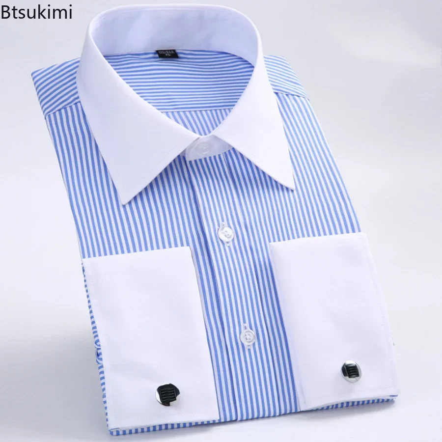New 2026 Men's Formal Long Sleeve Dress Shirts Classic French Cuffs Striped Shirt Male Slim Fit Wedding Party Shirts Male M-6XL