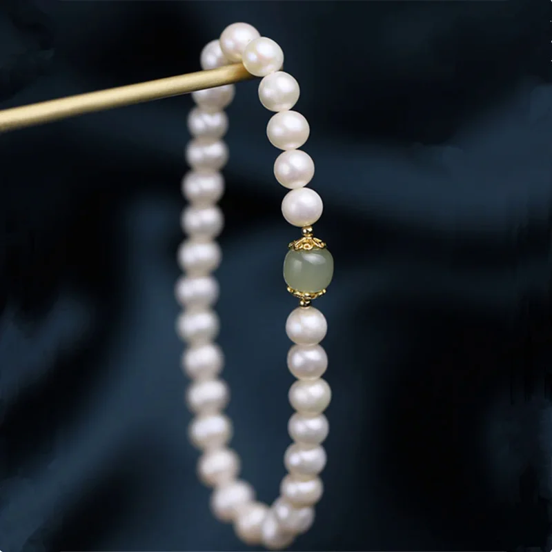 

6mm Natural Near Round Freshwater Pearl Adjustable Bracelet Hetian Jade Bead Ins Niche Design Women Lovely Trendy Jewelry Gift