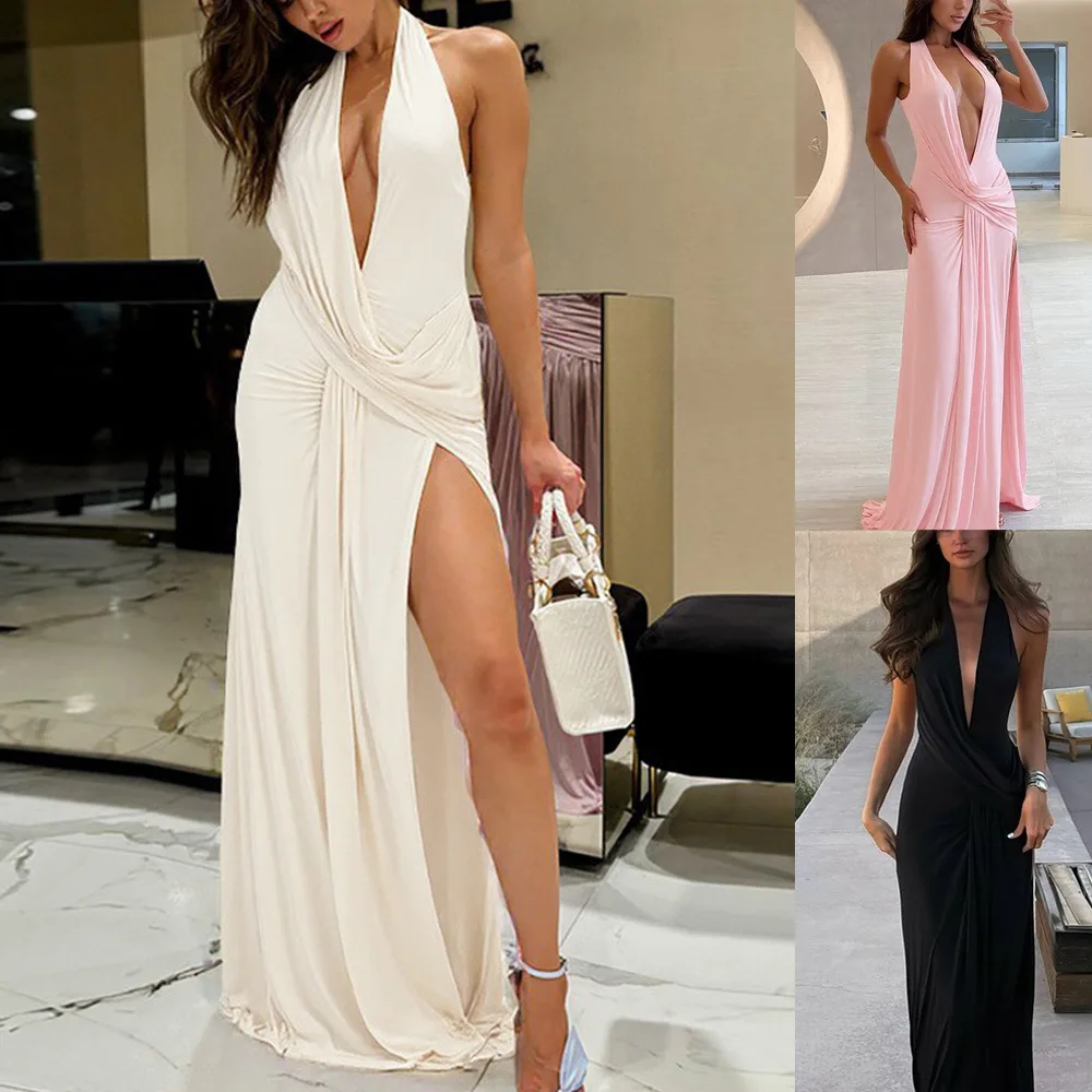 

Dress Women Deep V Halter Neck Dresses Spring Summer Ruched Backless Slit Sexy Evening Party Maxi Gown